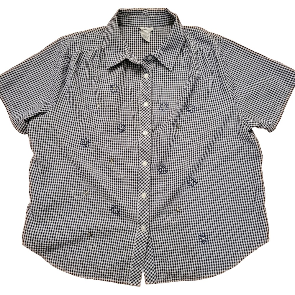 Bon Worth XLP Button Down Navy Gingham Bee Flower Embroidered Shirt Cottage